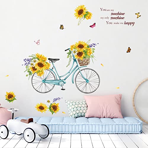 wondever Pegatinas de Pared Girasoles Adhesivos Pared Decorativos Niña Flores Bicicleta Vinilos Pared para Habitación Infantiles Dormitorio Salón