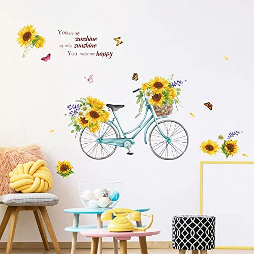 wondever Pegatinas de Pared Girasoles Adhesivos Pared Decorativos Niña Flores Bicicleta Vinilos Pared para Habitación Infantiles Dormitorio Salón