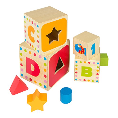 WOOMAX-Torre 4 cubos madera 37 cm y 4 figuras geométricas, colores parchís, (Colorbaby 43625)