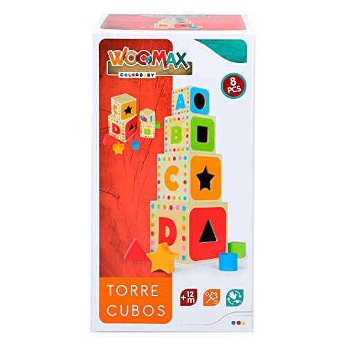 WOOMAX-Torre 4 cubos madera 37 cm y 4 figuras geométricas, colores parchís, (Colorbaby 43625)