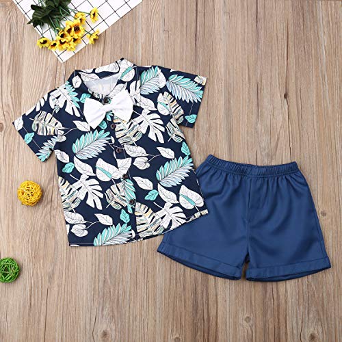 XIXIMAON 2 PCS Conjunto de Ropa Verano para Bebé Traje Informal de Playa Camisa de Manga Corta con Pajarita y Estampado de Dibujo Animado + Pantalones Cortos para Niños Pequeños (5-6 Años, Hojas 3)