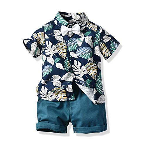 XIXIMAON 2 PCS Conjunto de Ropa Verano para Bebé Traje Informal de Playa Camisa de Manga Corta con Pajarita y Estampado de Dibujo Animado + Pantalones Cortos para Niños Pequeños (5-6 Años, Hojas 3)