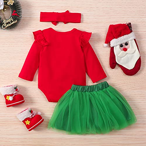 XIXIMAON Bebé Conjunto de Navidad para Recién Nacida 3 Piezas Traje Navideño de Niña Pequeña Top Mameluco de Manga Larga con Letras Mi Primer Navidad + Falda de Tul + Diadema (0-3 Meses, Verde)