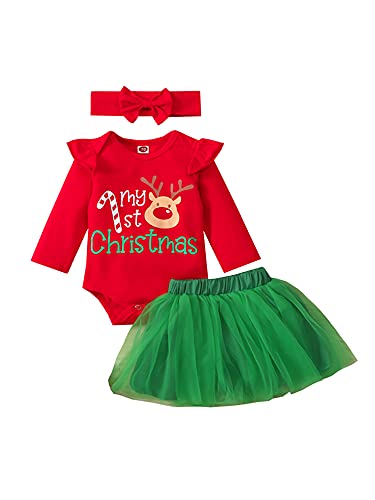 XIXIMAON Bebé Conjunto de Navidad para Recién Nacida 3 Piezas Traje Navideño de Niña Pequeña Top Mameluco de Manga Larga con Letras Mi Primer Navidad + Falda de Tul + Diadema (0-3 Meses, Verde)