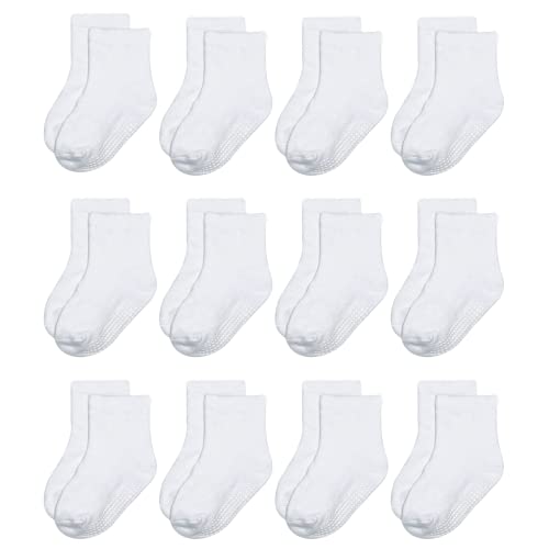 YANWANG 12 Pares de Calcetines de Algodón Antideslizantes Con Agarre para Bebés y Niños Pequeños(8 # Blanco,0-12 meses)