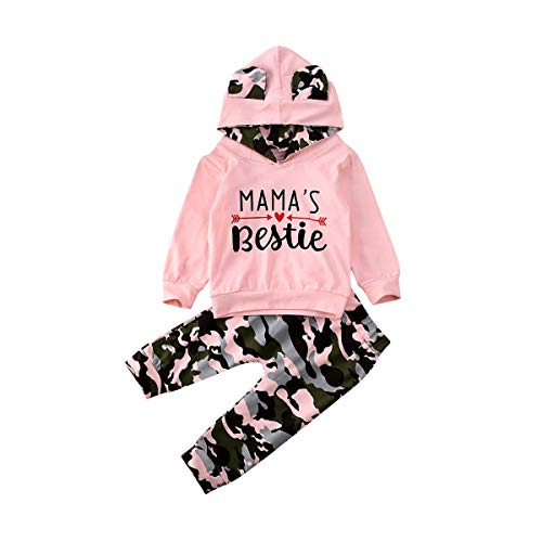 Yassiglia Ropa de bebé, niña, 2 piezas, conjunto de ropa de manga larga con cuello redondo, sudadera con capucha y pantalones de camuflaje, regalo de lujo, algodón para otoño., Rosa., 0-6 Meses