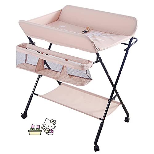 YIZHE Cambiador de Pañales Plegable Altura Ajustable con Bolsa de Almacenamiento y Ruedas Tendedero Cambiador para Bebé,Bañera Cambiador Plegable Spa,80 * 66 * 98cm (Rosa)