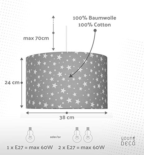 youngDECO Lámpara para habitación de bebé y de niños, con estrellas grises, 2xE27, pantalla grande de Ø38cm