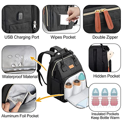 YUNISS Mochilas para Pañales Bebé, Multifuncional Bolso Cambiador con Portátil Cuna, Mochila para Carro Bebe, Gran Capacidad Mochila de Viajar para Mamá (Negro)