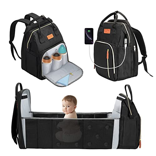 YUNISS Mochilas para Pañales Bebé, Multifuncional Bolso Cambiador con Portátil Cuna, Mochila para Carro Bebe, Gran Capacidad Mochila de Viajar para Mamá (Negro)