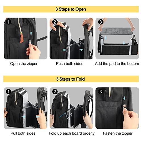 YUNISS Mochilas para Pañales Bebé, Multifuncional Bolso Cambiador con Portátil Cuna, Mochila para Carro Bebe, Gran Capacidad Mochila de Viajar para Mamá (Negro)