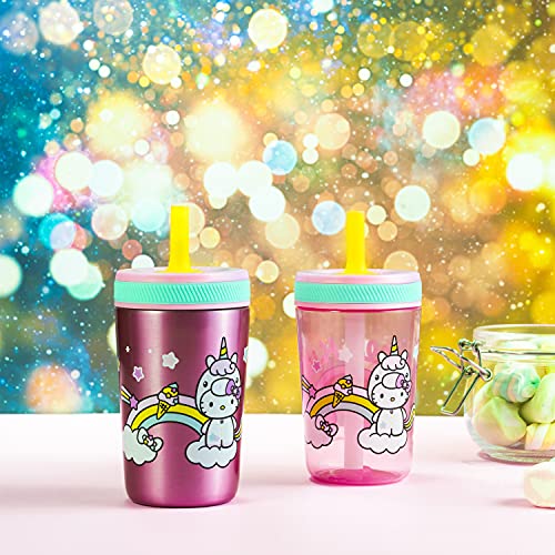 Zak Designs Sanrio Hello Kitty Kelso Juego de vasos, tapa a prueba de fugas con pajita, paquete para niños, incluye vasos de plástico y acero inoxidable con dispensador adicional (juego de 3 piezas)