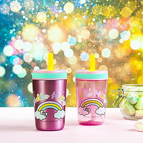 Zak Designs Sanrio Hello Kitty Kelso Juego de vasos, tapa a prueba de fugas con pajita, paquete para niños, incluye vasos de plástico y acero inoxidable con dispensador adicional (juego de 3 piezas)