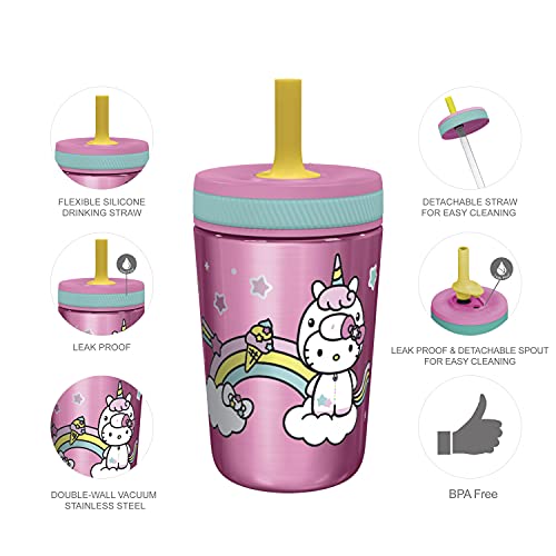 Zak Designs Sanrio Hello Kitty Kelso Juego de vasos, tapa a prueba de fugas con pajita, paquete para niños, incluye vasos de plástico y acero inoxidable con dispensador adicional (juego de 3 piezas)