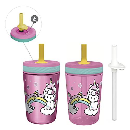 Zak Designs Sanrio Hello Kitty Kelso Juego de vasos, tapa a prueba de fugas con pajita, paquete para niños, incluye vasos de plástico y acero inoxidable con dispensador adicional (juego de 3 piezas)