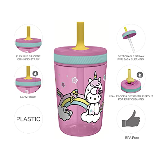 Zak Designs Sanrio Hello Kitty Kelso Juego de vasos, tapa a prueba de fugas con pajita, paquete para niños, incluye vasos de plástico y acero inoxidable con dispensador adicional (juego de 3 piezas)