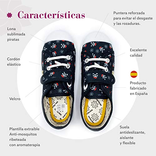 Zapatillas de Lona para niña y niño/Bambas Infantiles con aromaterapia antimosquitos/Calzado Infantil con Cierre de Velcro y Cordones elásticos/fabricacion en España (Negro, Numeric_27)