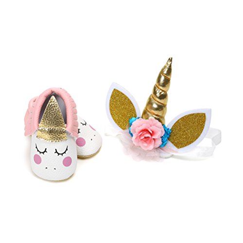 Zapatos de Niña con Diadema Regalo Set Unicornio Flor Suave Suela Zapatillas Antideslizantes Zapatos de Princesa (0-6 Meses, B, Tamaño de Etiqueta 11)