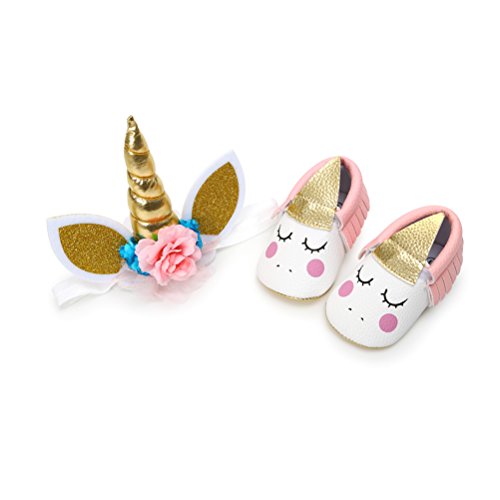 Zapatos de Niña con Diadema Regalo Set Unicornio Flor Suave Suela Zapatillas Antideslizantes Zapatos de Princesa (0-6 Meses, B, Tamaño de Etiqueta 11)