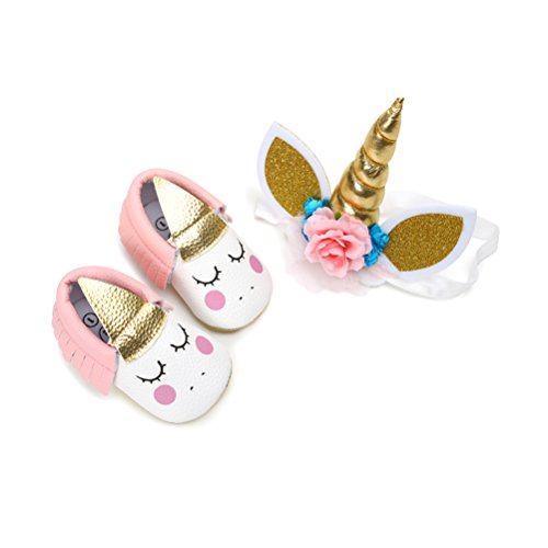 Zapatos de Niña con Diadema Regalo Set Unicornio Flor Suave Suela Zapatillas Antideslizantes Zapatos de Princesa (0-6 Meses, B, Tamaño de Etiqueta 11)