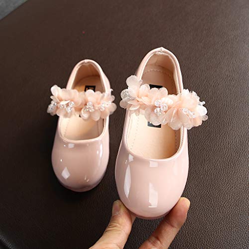 Zapatos infantiles de princesa, zapatos de baile para niña, zapatos de noche, planos, Mary Jane para vestido de flores, zapatos para fiestas, cumpleaños, bodas, zapatos de piel (Pink, 18-24Months)