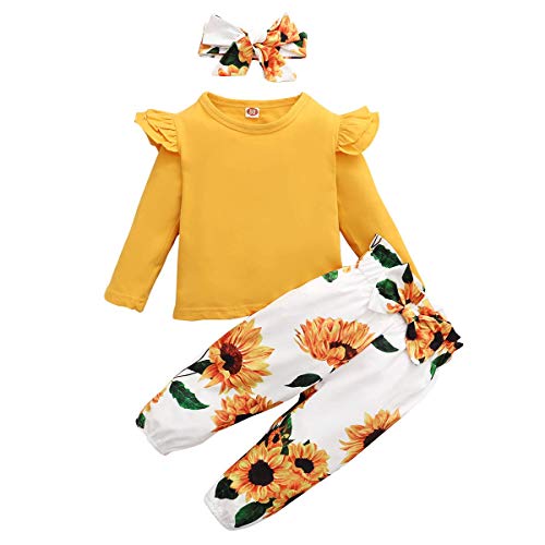 ZOEREA Conjunto de Ropa de Bebé Niña Encantador Manga Larga Tops con Volantes + Pantalones Floral + Venda Recién Nacido Niñas Otoño Primavera Trajes 3 Piezas (Estilo 1 Girasol, 2-3 años)