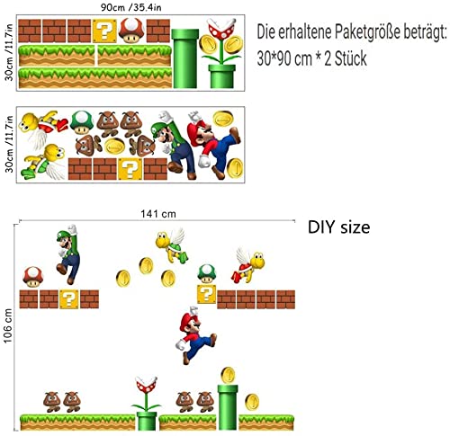 ZTZK Super Mario - Adhesivo de pared, diseño de Super Mario, adhesivo de pared – Extraíble y pegado, adecuado para salón, pared lisa, habitación infantil, etc. Tamaño: 30 x 90 cm x 2 unidades